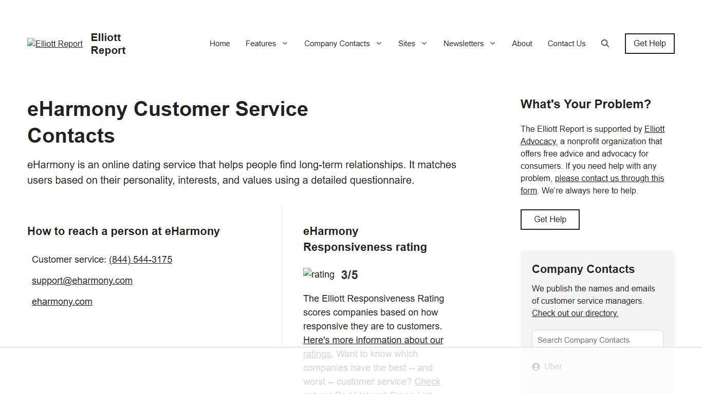 eHarmony Customer Service Contact Support Via Email Phone Exec Contacts - Elliott Report